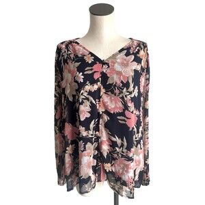 Autres Filles 1X Black & Peach Floral Top V-Neck Long Sleeve Button Smocked